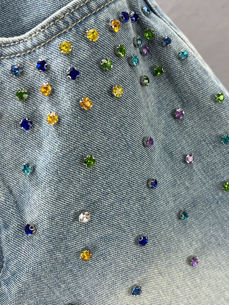 Diamond-encrusted denim short skirt for women, trendy 2023 new summer high-waisted slim-fitting European style raw edge hip-hugging skirt