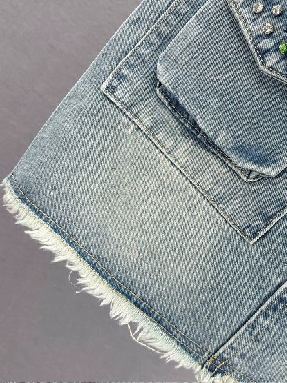 Diamond-encrusted denim short skirt for women, trendy 2023 new summer high-waisted slim-fitting European style raw edge hip-hugging skirt