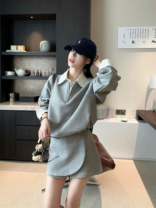PPHOME college style contrasting lapel loose sweatshirt women's autumn high-waisted irregular skirt fashion suit