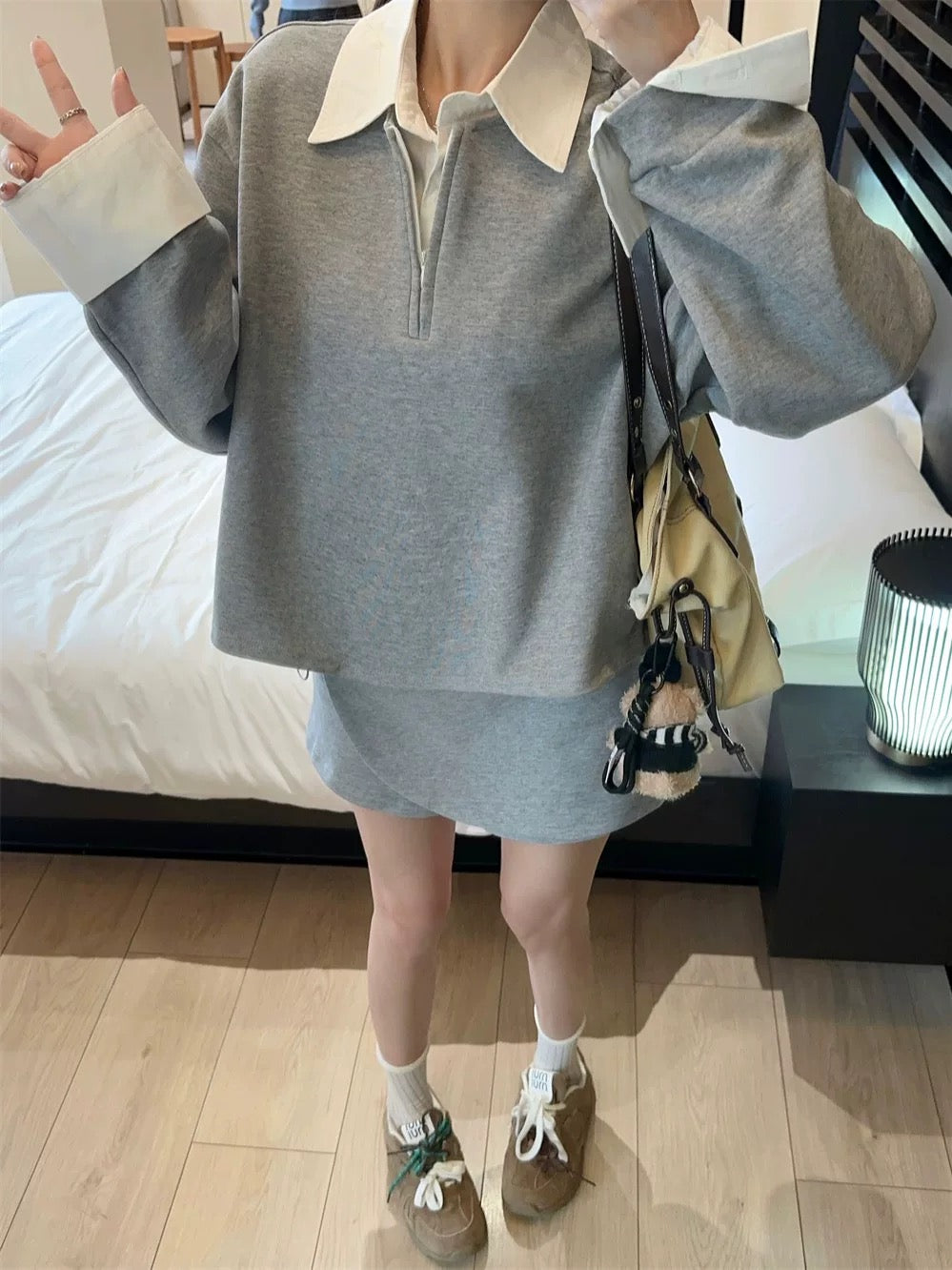 PPHOME college style contrasting lapel loose sweatshirt women's autumn high-waisted irregular skirt fashion suit
