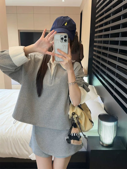 PPHOME college style contrasting lapel loose sweatshirt women's autumn high-waisted irregular skirt fashion suit