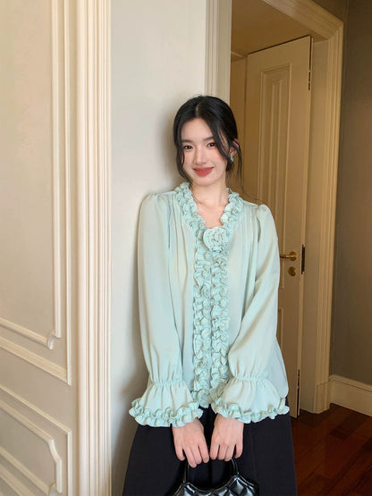 XXNING French heavy-duty fungus lace rose shirt women's design niche loose drape long-sleeved top