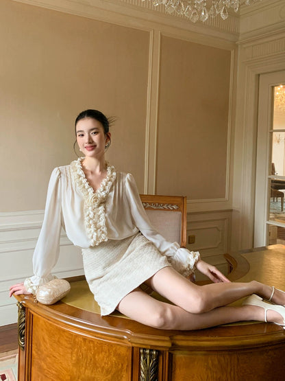 XXNING French heavy-duty fungus lace rose shirt women's design niche loose drape long-sleeved top