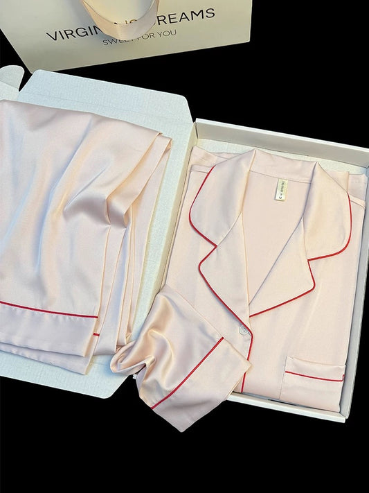 New Korean sweet style ice silk pajamas women's spring and autumn long-sleeved trousers simple solid color embroidery home clothes suit