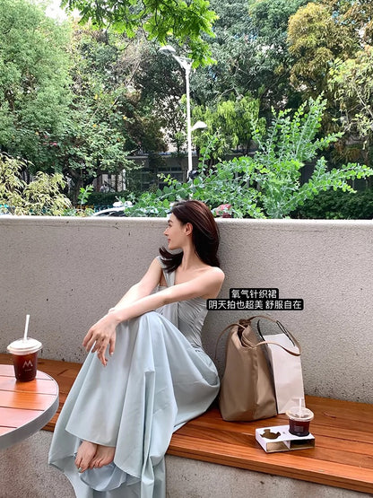 Lienni summer new style waist slimming sleeveless hollow pure desire slanted shoulder casual long knitted dress for women