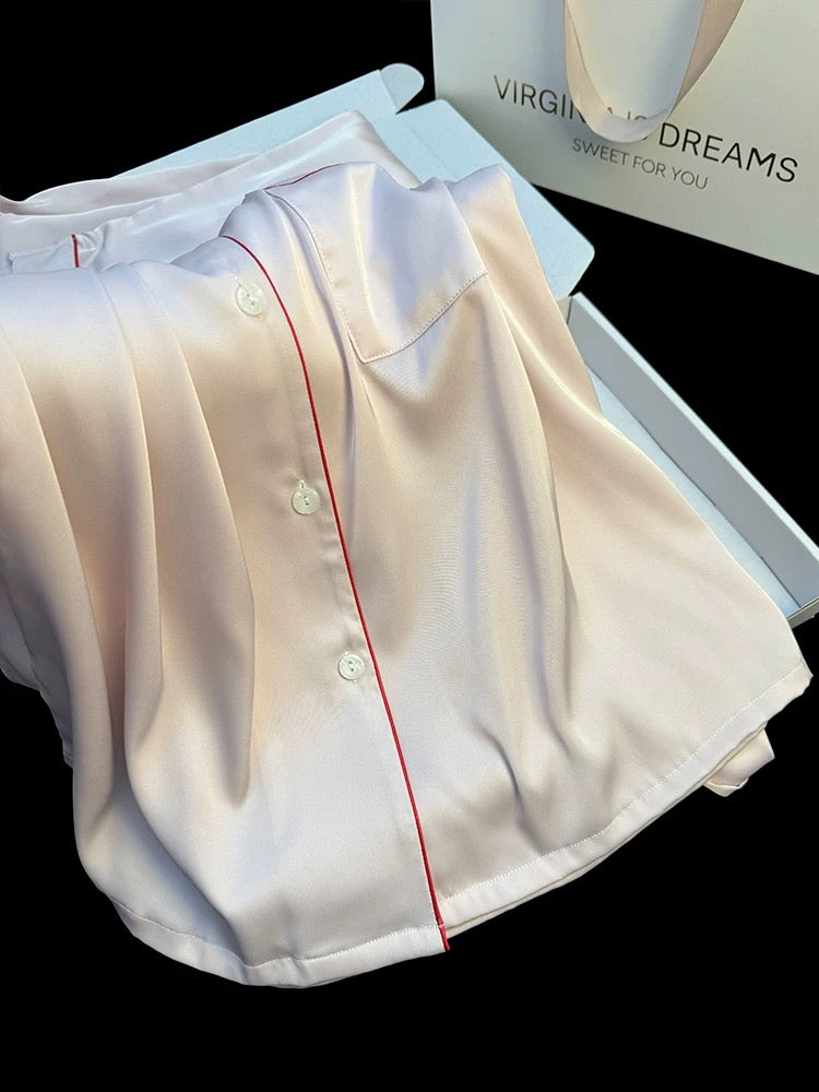 New Korean sweet style ice silk pajamas women's spring and autumn long-sleeved trousers simple solid color embroidery home clothes suit