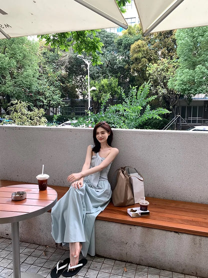 Lienni summer new style waist slimming sleeveless hollow pure desire slanted shoulder casual long knitted dress for women