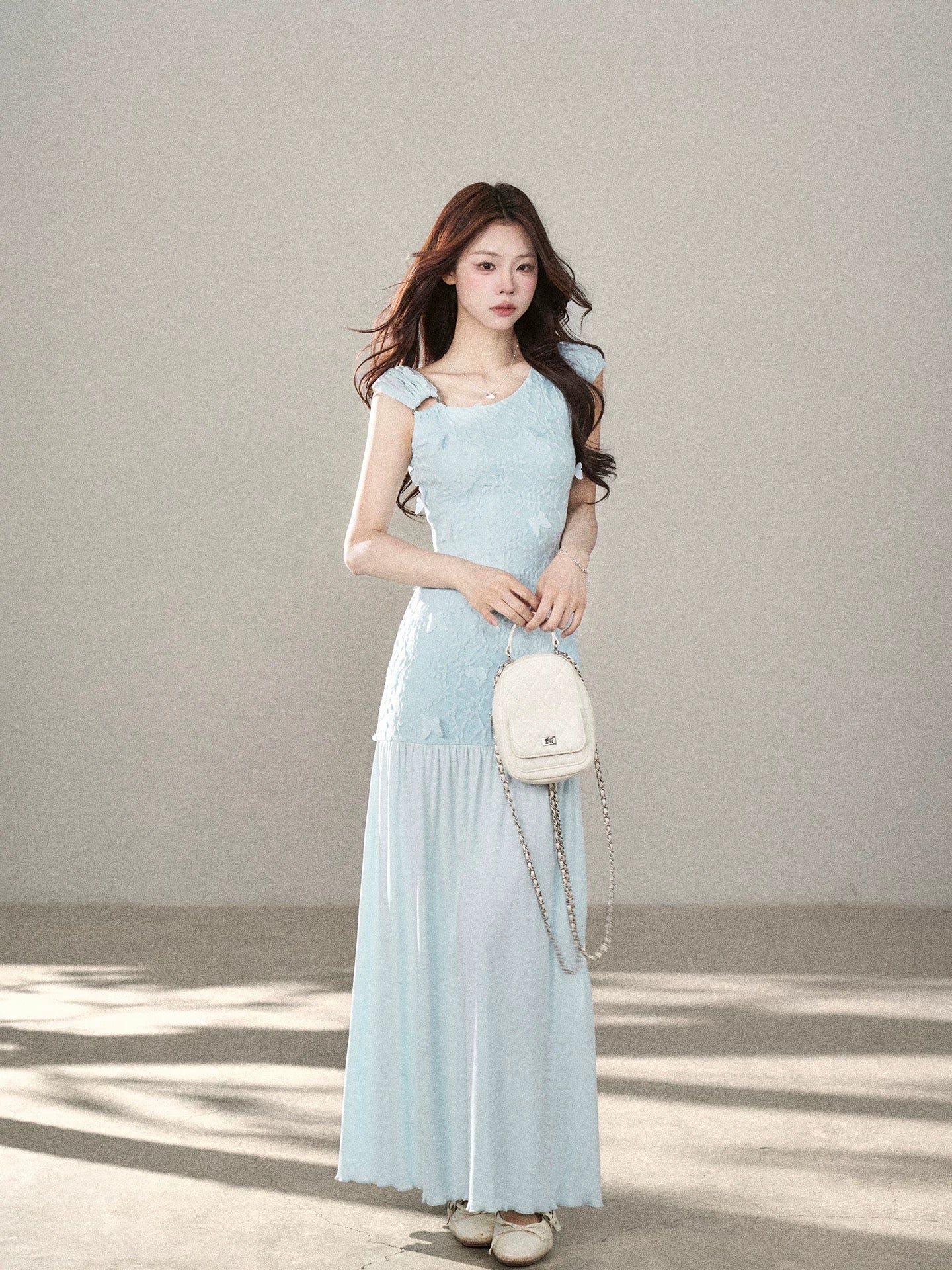 A beautiful blue knitted lace dress with a hint of wild berries, a new summer 2026 style for women, a super pretty fairy-like long dress.