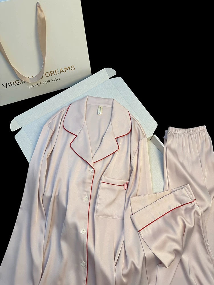 New Korean sweet style ice silk pajamas women's spring and autumn long-sleeved trousers simple solid color embroidery home clothes suit