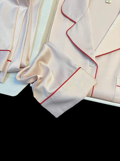 New Korean sweet style ice silk pajamas women's spring and autumn long-sleeved trousers simple solid color embroidery home clothes suit