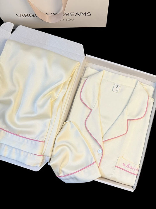 Spring new arrival high-grade contrast color hemming ice silk pajamas for women long sleeve lapel thin style can be worn outside home clothes suit