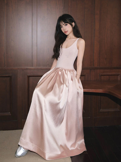 avenement/Ice linen knitted stitching satin suspender skirt women's waist slimming sleeveless dress temperament long skirt