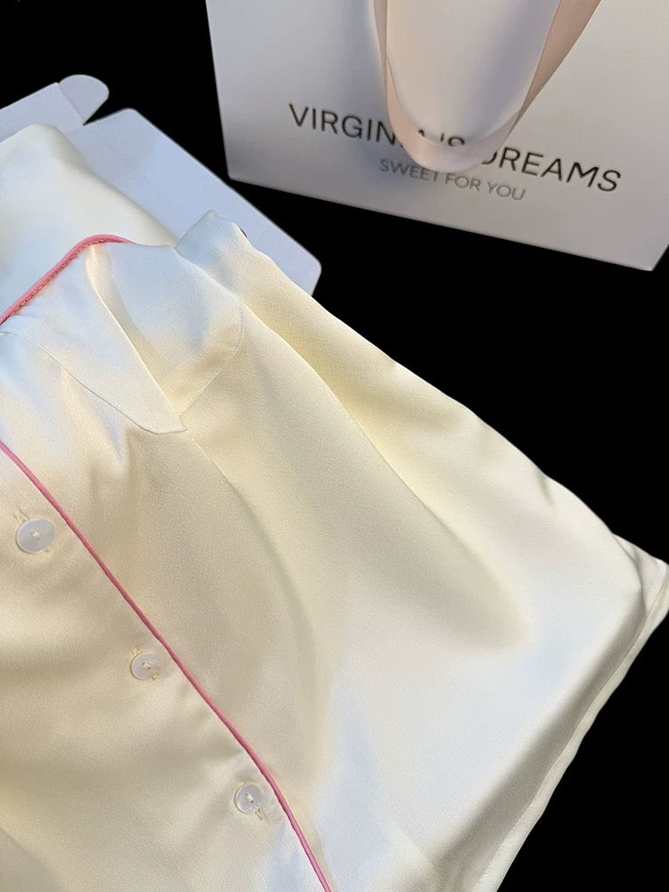 Spring new arrival high-grade contrast color hemming ice silk pajamas for women long sleeve lapel thin style can be worn outside home clothes suit