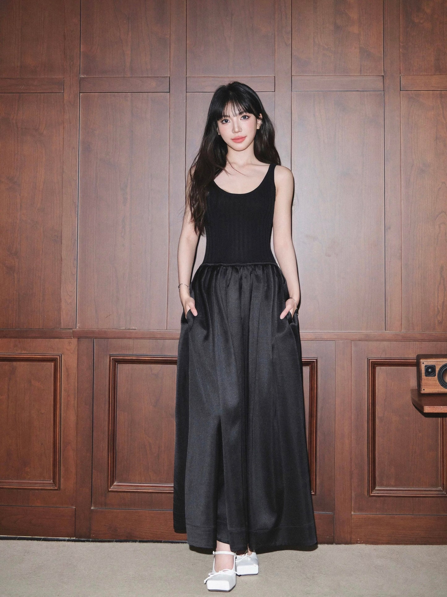 avenement/Ice linen knitted stitching satin suspender skirt women's waist slimming sleeveless dress temperament long skirt