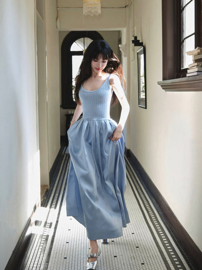 avenement/Ice linen knitted stitching satin suspender skirt women's waist slimming sleeveless dress temperament long skirt