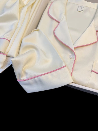 Spring new arrival high-grade contrast color hemming ice silk pajamas for women long sleeve lapel thin style can be worn outside home clothes suit