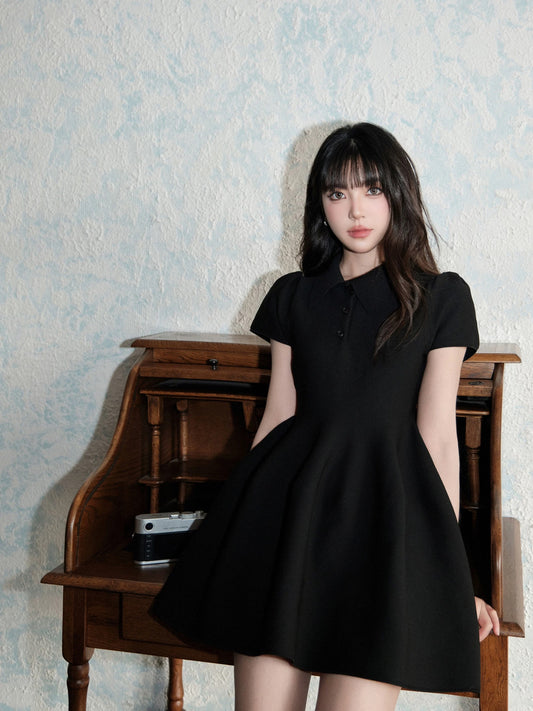 avenement/shirt collar stretch babydoll skirt/designed waist slimming puffy A-line short skirt dress