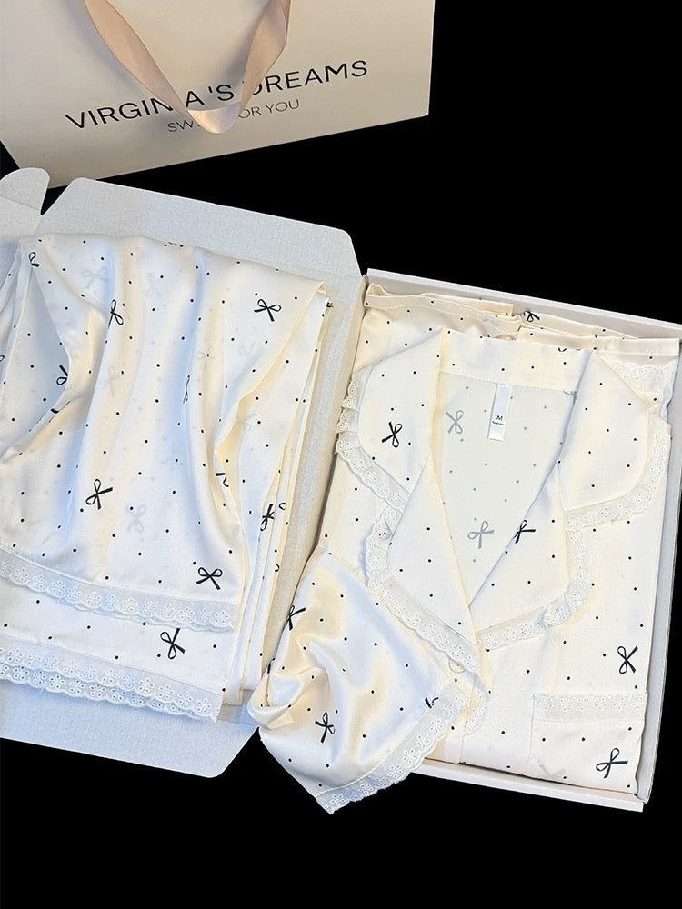 Polka dot bowknot print ice silk pajamas for women high-end spring and summer new style sweet lace home clothes suit