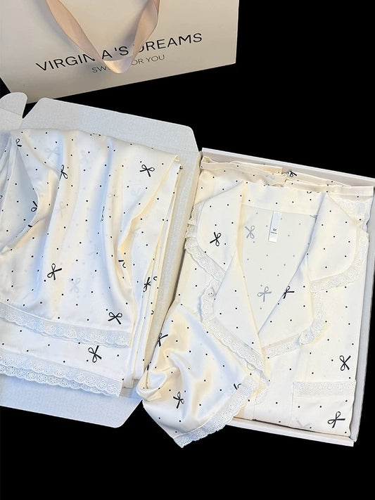 Polka dot bowknot print ice silk pajamas for women high-end spring and summer new style sweet lace home clothes suit