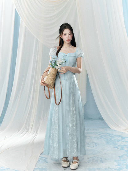 A small wild berry blue short-sleeved square neck dress for women, a new Korean style gentle long dress for summer 2026.