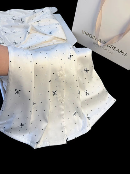 Polka dot bowknot print ice silk pajamas for women high-end spring and summer new style sweet lace home clothes suit