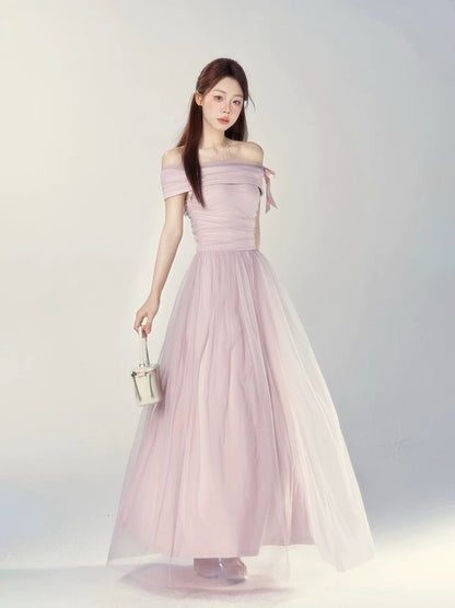 A Wild Berry Off-Shoulder Short-Sleeve Dress for Women, Summer 2026 New Style, French Style, Slimming Waist, Elegant Long Dress