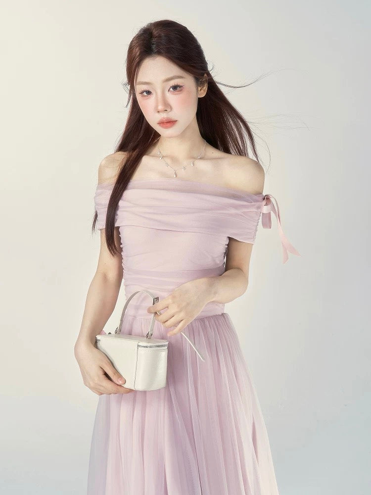 A Wild Berry Off-Shoulder Short-Sleeve Dress for Women, Summer 2026 New Style, French Style, Slimming Waist, Elegant Long Dress