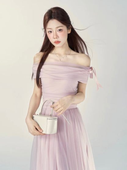 A Wild Berry Off-Shoulder Short-Sleeve Dress for Women, Summer 2026 New Style, French Style, Slimming Waist, Elegant Long Dress