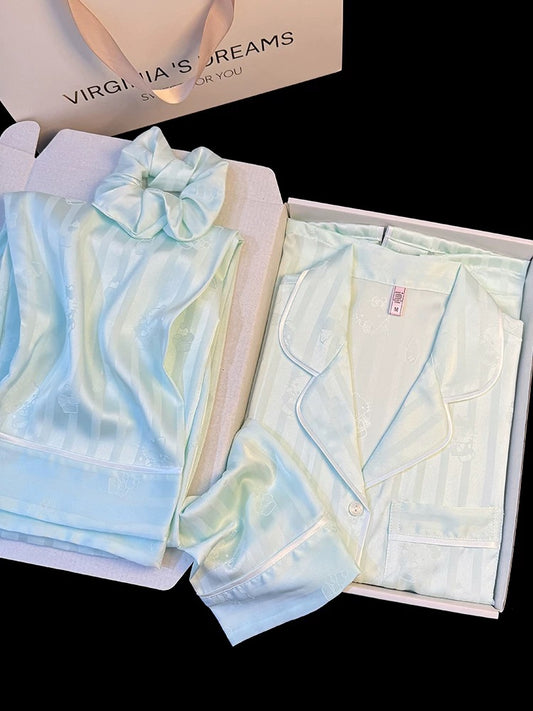 Cute Kitty cone jacquard ice silk pajamas for women Spring and Autumn new style sweet small fresh striped home clothes suit