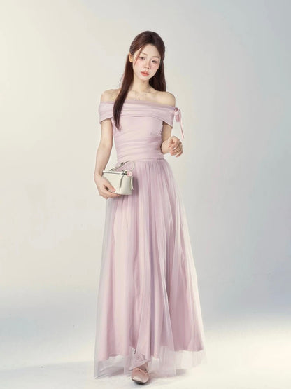 A Wild Berry Off-Shoulder Short-Sleeve Dress for Women, Summer 2026 New Style, French Style, Slimming Waist, Elegant Long Dress