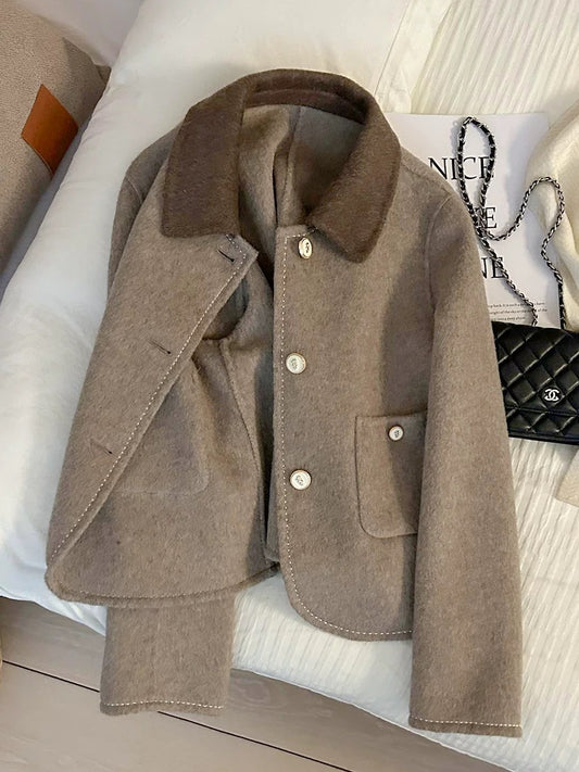 80% Wool Double-Faced Tweed Brown Elegant Short Jacket for Women, 2025 Autumn/Winter New Style, Stylish and Versatile Top
