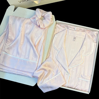 Cute Kitty cone jacquard ice silk pajamas for women Spring and Autumn new style sweet small fresh striped home clothes suit