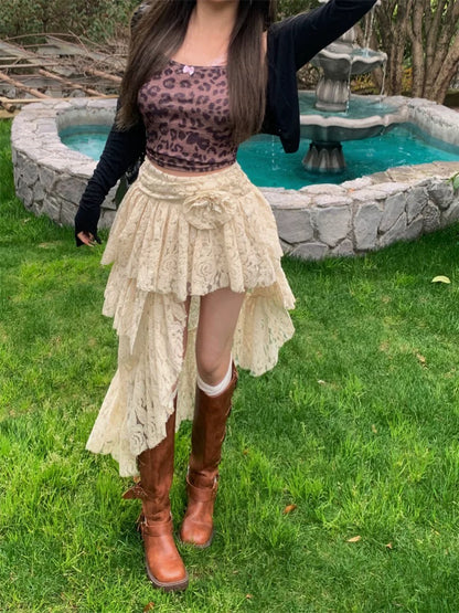 Three-dimensional flower lace skirt for women in autumn, small high-waisted A-line skirt, irregular mid-length cake skirt