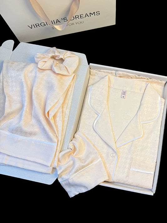 High-grade Houndstooth Kitty Jacquard Ice Silk Pajamas Spring and Summer Can Be Worn as Outdoors with Hairband Casual Home Clothes Set