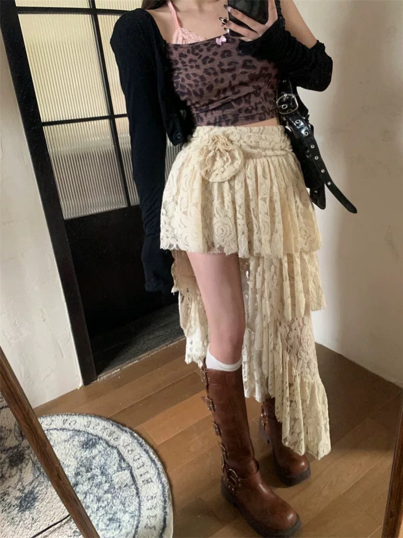 Three-dimensional flower lace skirt for women in autumn, small high-waisted A-line skirt, irregular mid-length cake skirt