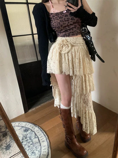 Three-dimensional flower lace skirt for women in autumn, small high-waisted A-line skirt, irregular mid-length cake skirt