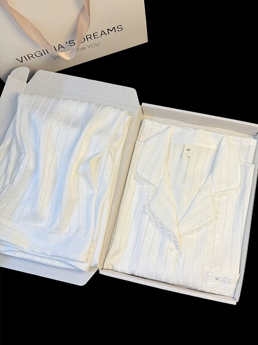 Ice silk pajamas for women in summer, high-grade hollow striped short-sleeved trousers, pure desire style lace edge home clothes suit