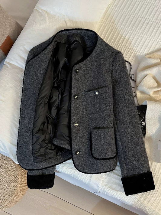 Grey down-lined Chanel-style short jacket for women, 2025 winter new style, color-blocked design.