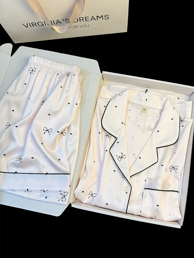 Summer high-grade ice silk pajamas for women short-sleeved shorts with sweet heart bow prints cool home clothes suit