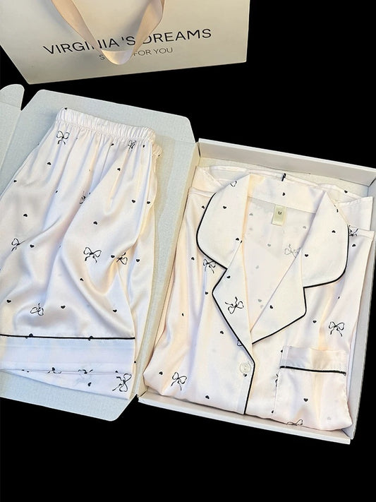 Summer high-grade ice silk pajamas for women short-sleeved shorts with sweet heart bow prints cool home clothes suit