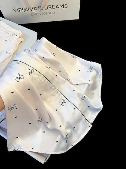 Summer high-grade ice silk pajamas for women short-sleeved shorts with sweet heart bow prints cool home clothes suit