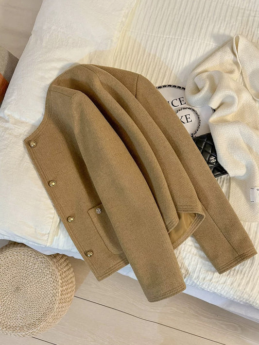 Brown retro high-end Chanel-style short blazer for women, 2025 spring and autumn new style, exquisite and stylish woolen top