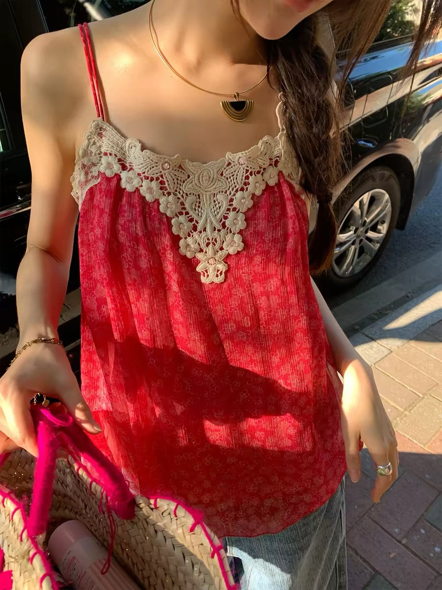 Stylish & distinctive sleeveless top for women (2026 new arrival): a lace and chiffon camisole perfect for petite figures—ideal for trendy, bold summer outfits.