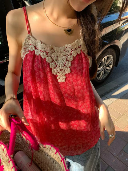 Stylish & distinctive sleeveless top for women (2026 new arrival): a lace and chiffon camisole perfect for petite figures—ideal for trendy, bold summer outfits.