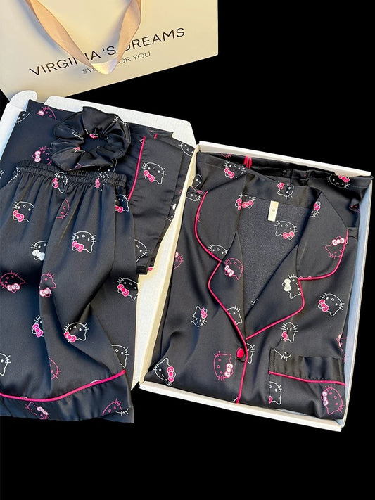 Cute HelloKitty Printed Ice Silk Pajamas Women Summer High-end Short-sleeved Shorts Trousers Home Clothes Set