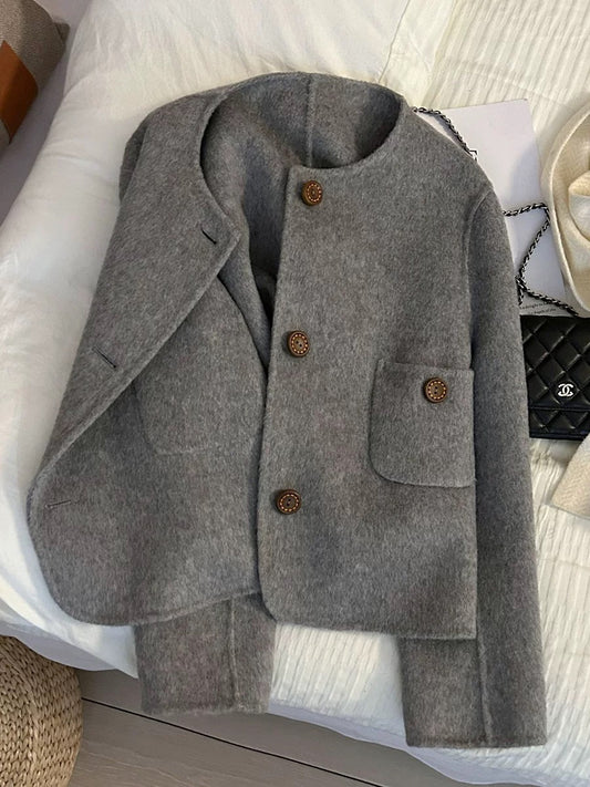 Women's 70% Wool Double-Faced Short Coat, 2025 Autumn/Winter New Style, High-Grade Gray, Fashionable and Flattering Cashmere Top