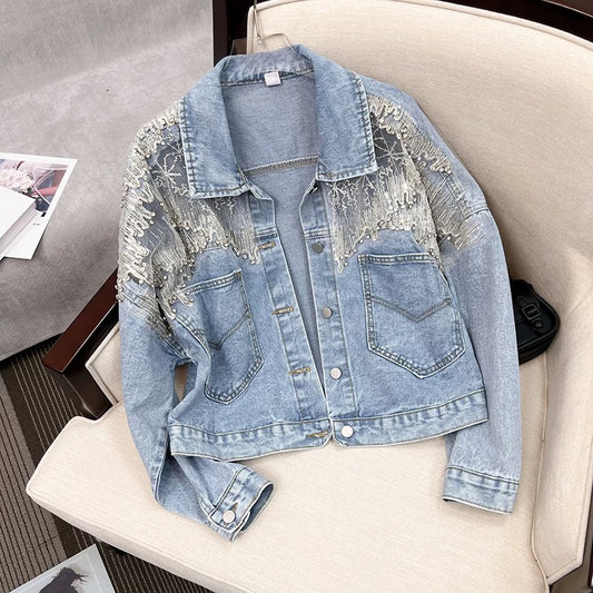 Short denim jacket women's spring and autumn 2025 new style small fragrance loose Korean version of heavy beaded jacket top trend