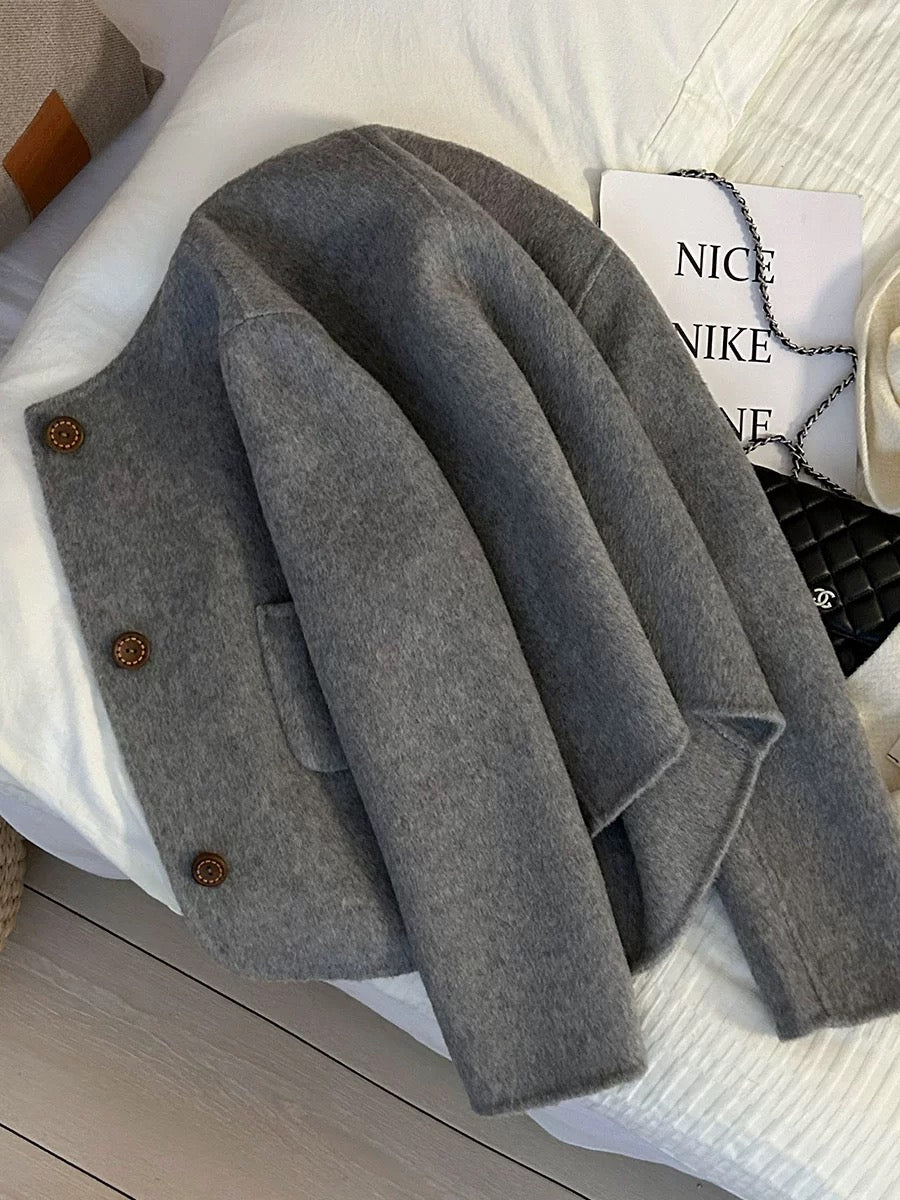 Women's 70% Wool Double-Faced Short Coat, 2025 Autumn/Winter New Style, High-Grade Gray, Fashionable and Flattering Cashmere Top
