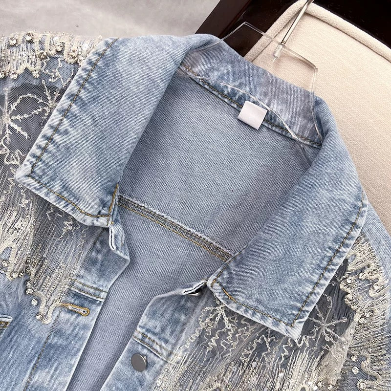 Short denim jacket women's spring and autumn 2025 new style small fragrance loose Korean version of heavy beaded jacket top trend