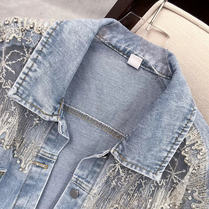 Short denim jacket women's spring and autumn 2025 new style small fragrance loose Korean version of heavy beaded jacket top trend